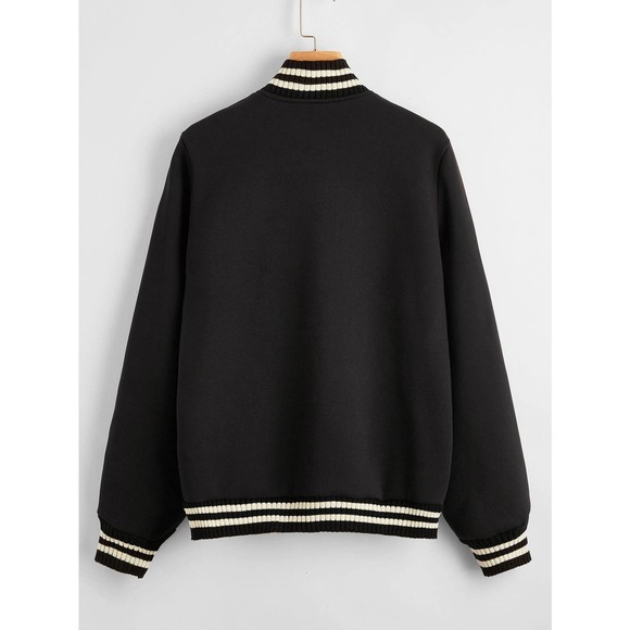 Striped Button Up varsity Bomber Jacket black white preppy vintage letterman - Picture 2 of 5